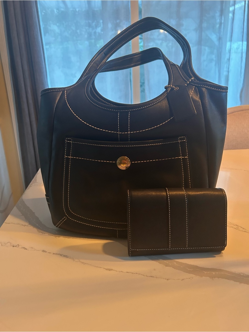 Coach Legacy Ergo Black Leather Tote with Matching Wallet - White Stitch Detail